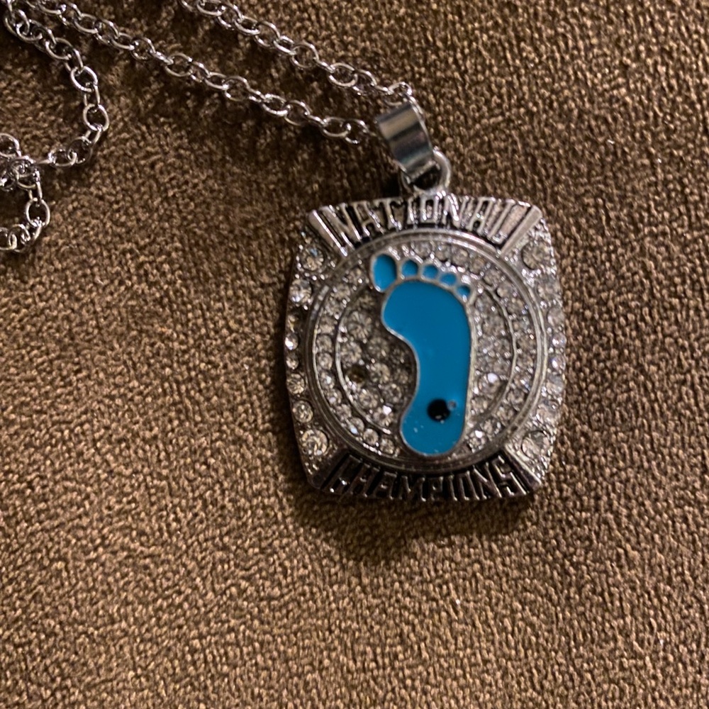 NC Tar Heels Silver Pendant Necklace with Blue Footprint